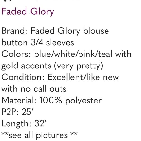 Faded Glory Blouse XXL (20) button sleeve teal, pink, blue, white - Picture 7 of 7